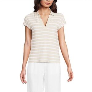 NWT Lands’ End Women’s Linen Blend Johnny Collar Polo Shirt Sand Stripe Size XS